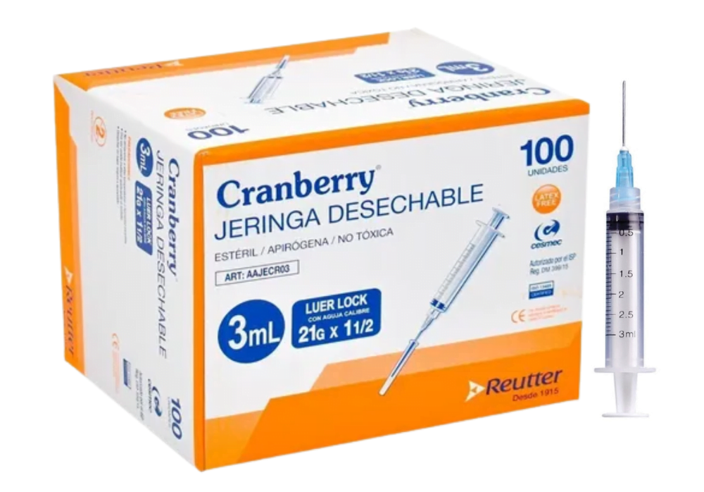 Jeringa Cranberry 3Cc C/A 23 x 1 Luer Lock x 100 Unidades (Jeringas)
