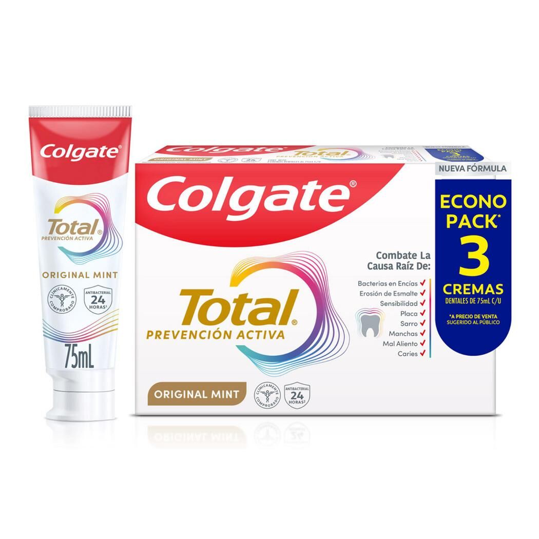Colgate Crema Total 12 Clean Mint x 75 ml Pack x 3 Unidades (Crema Dental Adulto)