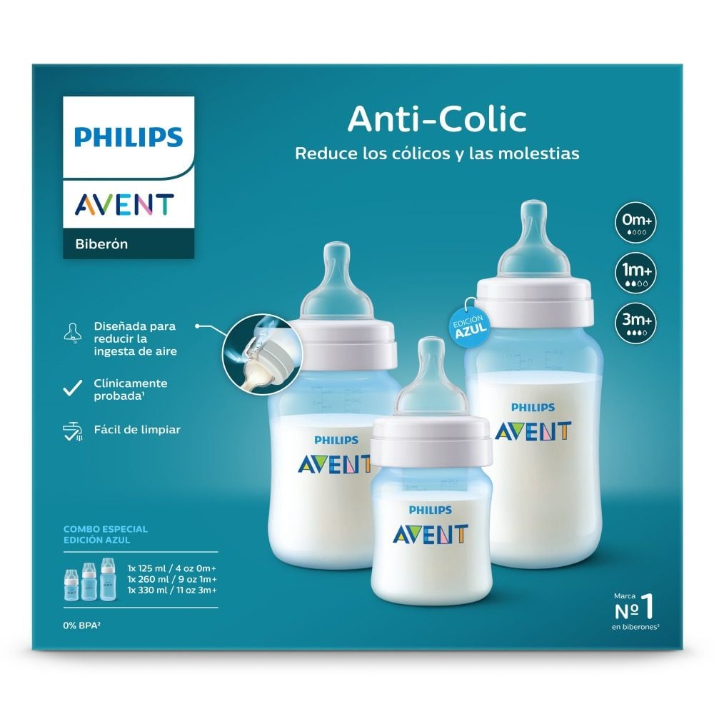 Avent Set Mamadera Natural Azul 125 ml + Mamadera 260 ml + Mamadera 330 ml