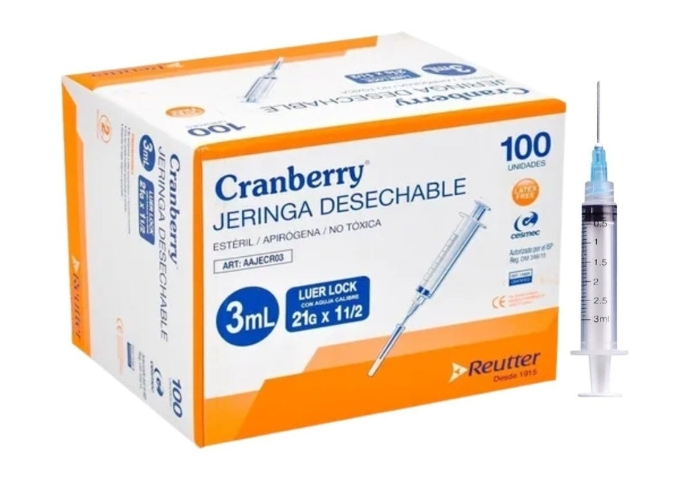 Cranberry Jeringa 3 Cc 21X1 1/2 Lock Unidades x 100 (Jeringas)