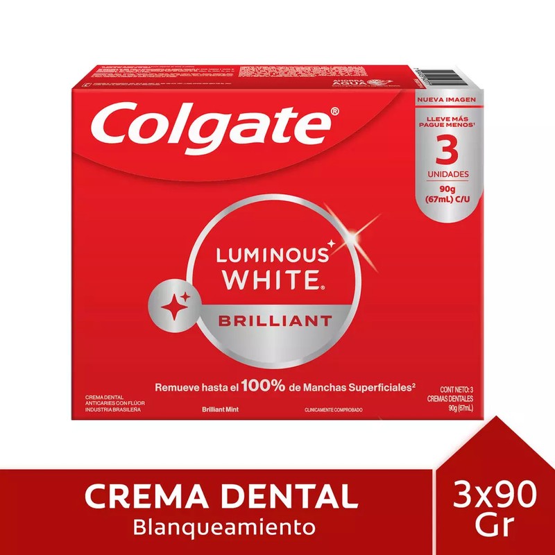 Colgate Crema Dental Luminous White x 90 Gr x 3 Unidades (Crema Dental Adulto)