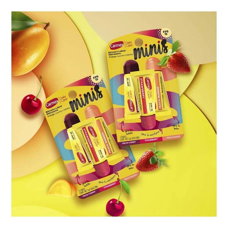 Carmex Balsamo Minis Strawberry Cherry Mango Fps15 x 5 Gr x 3 Unidades