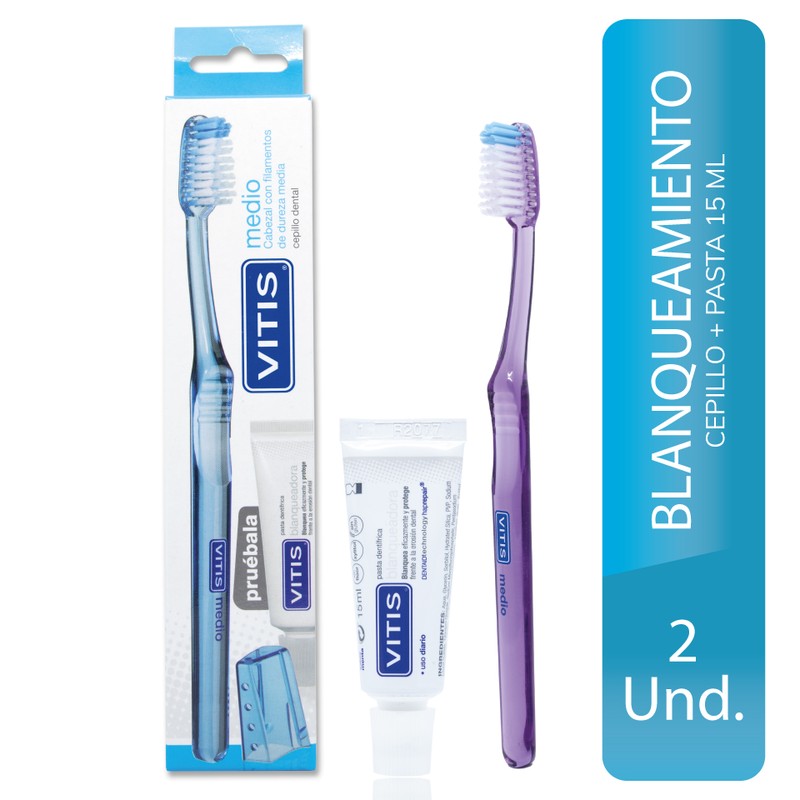 Vitis Cepillo Medio + Vitis Blanqueadora Crema Dental x 15 ml (Cepillos Dentales Adulto)
