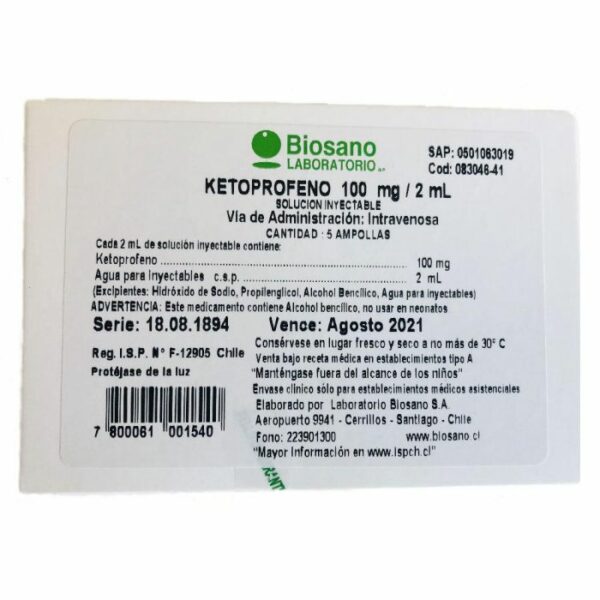 Ketoprofeno Iv Amp 100mg/2ml x 5 Biosano