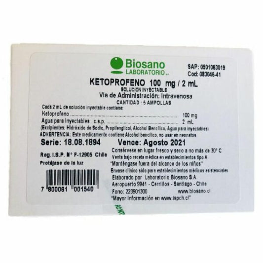 Ketoprofeno Iv Amp 100mg/2ml x 5 Biosano