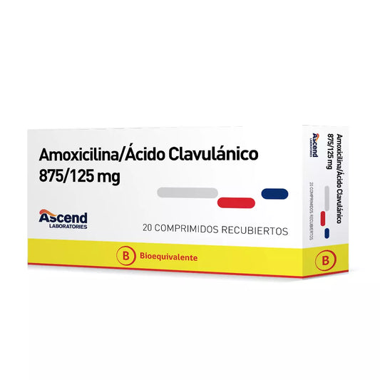 Amoxicilina+Acid/Clav Comprimidos 875/125 mg x 20 Ascend (Amoxicilina/Ácido Clavulánico)