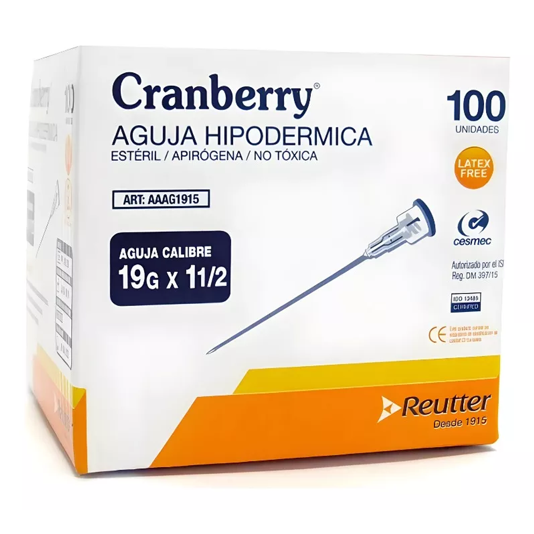 Aguja Hipodermica 19 G x 1 1/2 Caja x 100 Cranberry