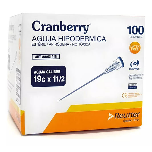 Aguja Hipodermica 19 G x 1 1/2 Caja x 100 Cranberry