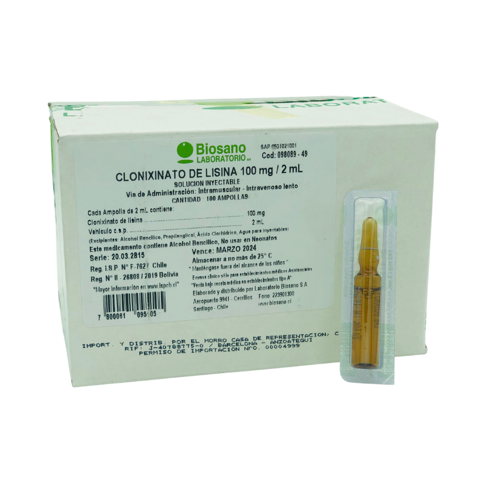 Clonixinato De Lisina Amp 100 mg 2 ml x 100 Biosano (Clonixinato Lisina)