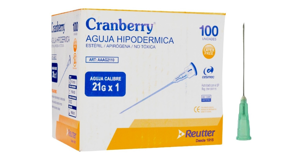 Aguja Hipodermica 21 G x 1 1/2 Caja x 100 Cranberry (Agujas Hipodermicas)
