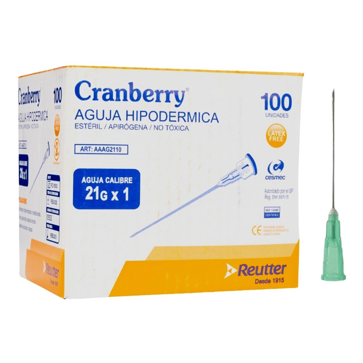 Aguja Hipodermica 21 G x 1 Caja x 100 Cranberry (Agujas Hipodermicas)