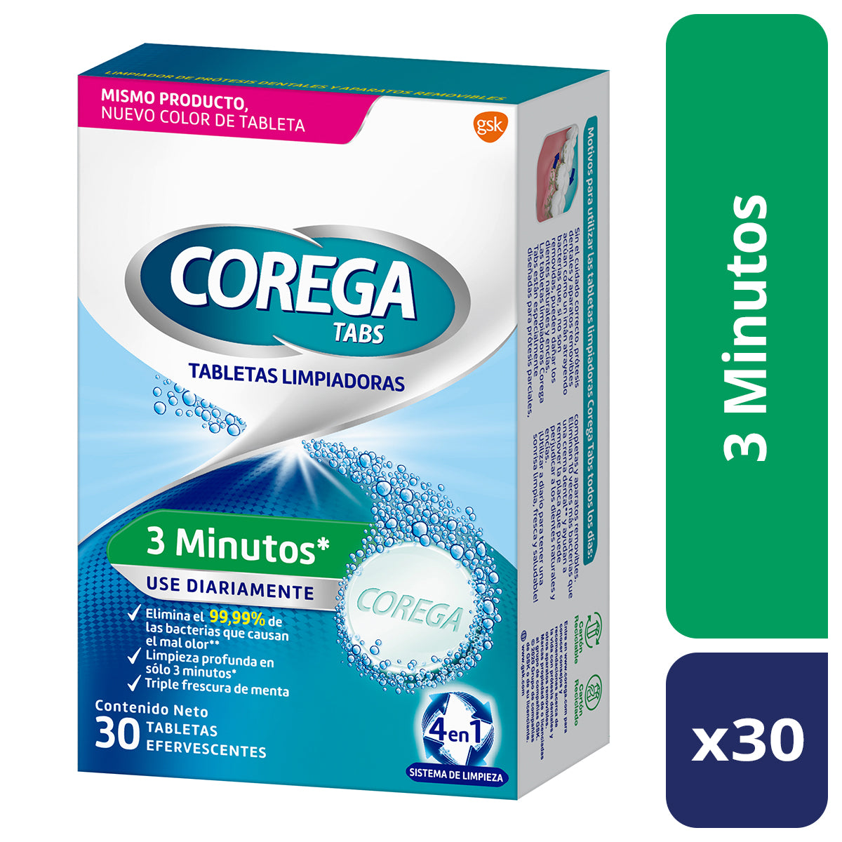 Corega Tabletas Efe 3 Min x 30 (Crema Dental Adulto)