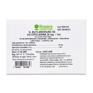 N Butilbromuro Escopolamina 20 mg x 1 ml x 5 Amp Biosano