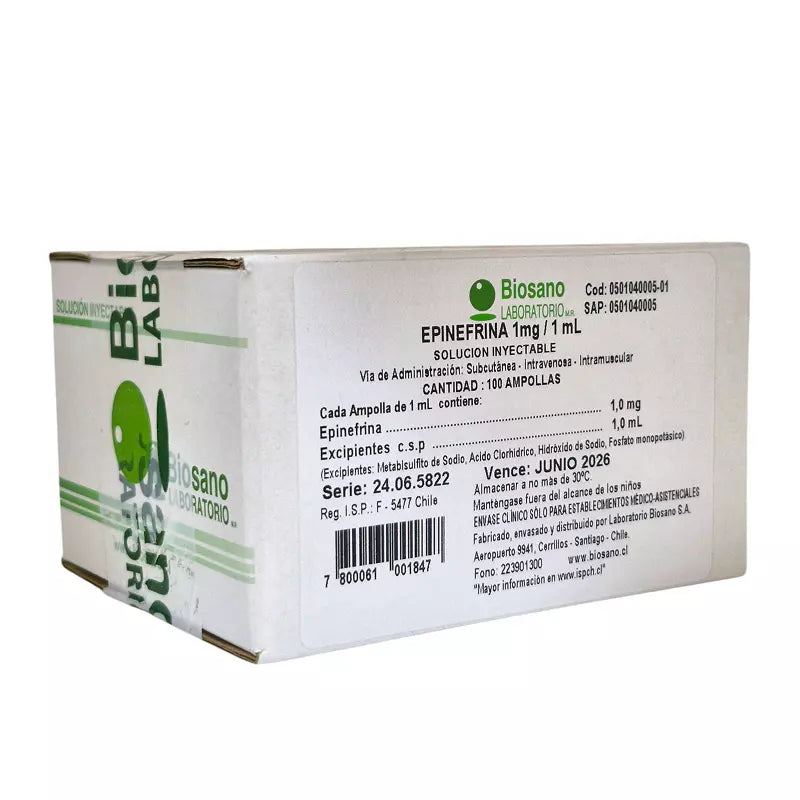 Epinefrina Amp 1 mg 1 ml x 100 Biosano