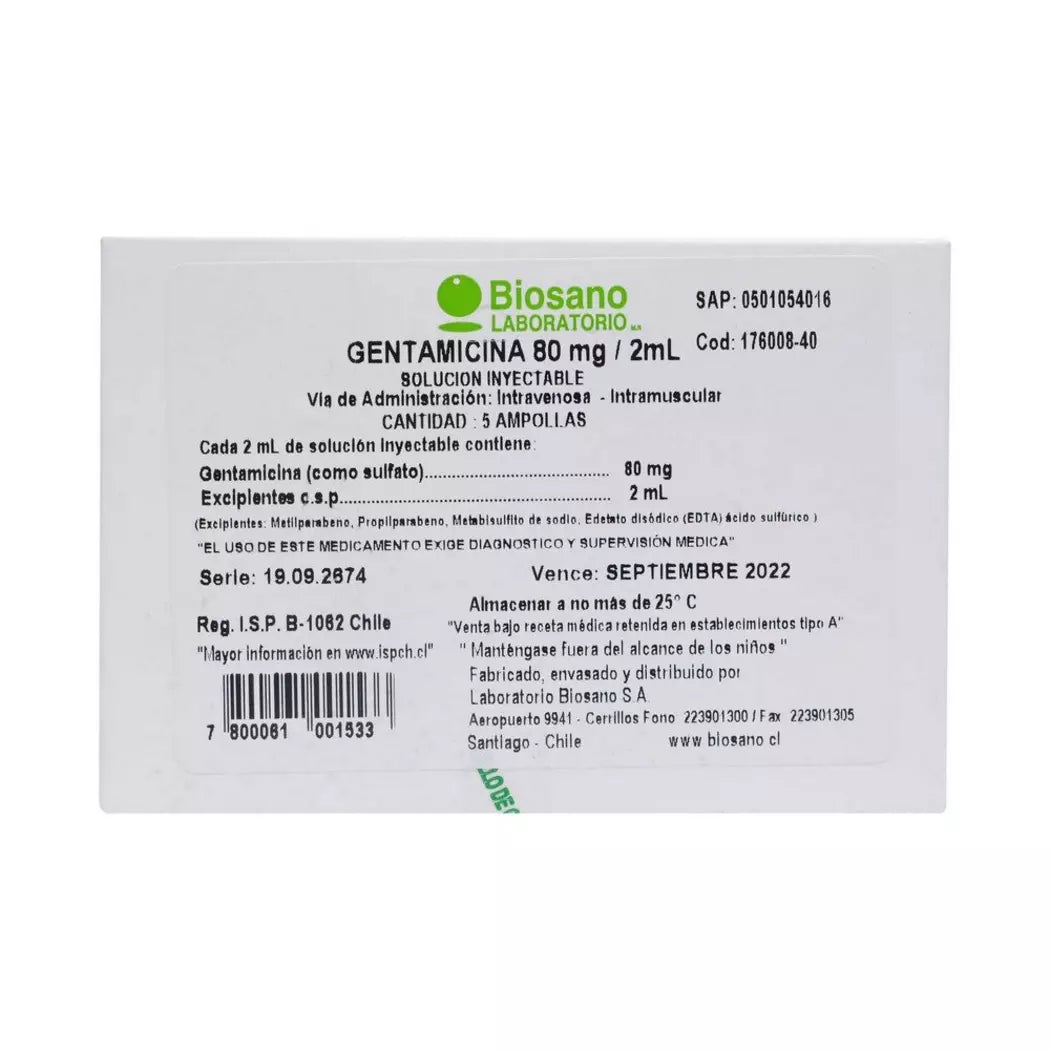 Gentamicina Amp 80mg/2ml x 5 Biosano
