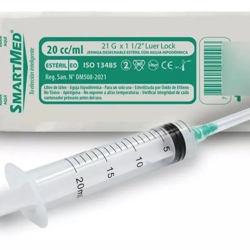 Jeringa 20 Cc Luer Slip C/A 21Gx1 1/2 x 50 Smartmed (Jeringas)